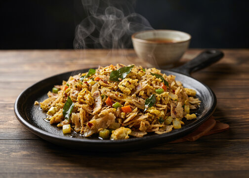 Authentic Sri Lankan chicken kottu roti overhead view with chopped godamba flatbread vegetables eggs and curry, traditional Asian street food served on ceramic plate with chili sambol and lime