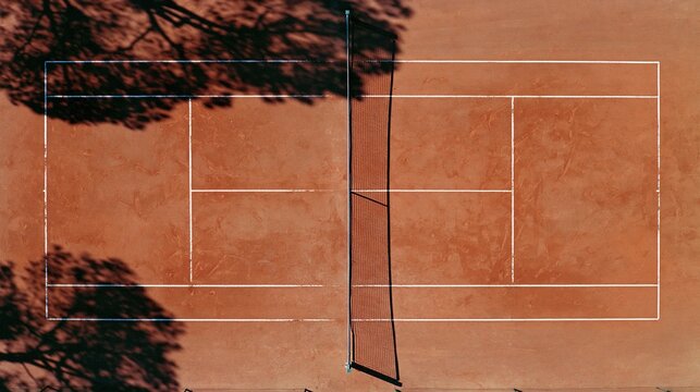 Overhead view of empty clay tennis court with net and dark tree shadows on surface shows outdoor tennis sport and recreation concept
