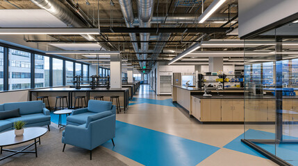Naklejka premium Modern Office Interior Design: Open Layout Workspace with Blue Accents, Lighting & Cozy Atmosphere in Commercial Building