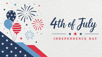 Fototapeta premium 4th of July Independence Day greeting card with white textured paper background, red blue fireworks and balloons