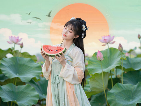 Hanfu girl holding watermelon in lotus pond