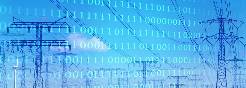 high-voltage tower landscape with binary code, animation background banner with copy space  for power industry and electricity business 