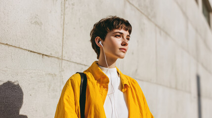 Obraz premium Young woman short hair yellow jacket earphone backpack urban street style trendy