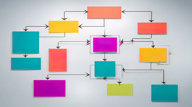 flowchart. Colorful flowchart with geometric shapes, illustrating business optimization on a light grey background. pitch deck slides.
