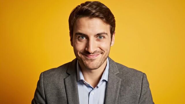 Shocked young businessman covering his mouth in disbelief against a bright yellow background.