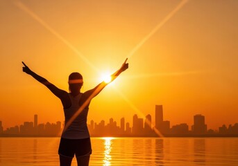 Fototapeta premium Silhouette of Successful Woman Celebrating with Raised Arms at Sunrise