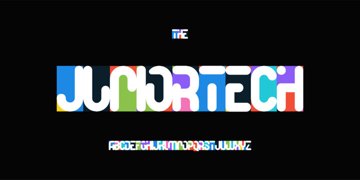 Junior Tech colorful geometric font alphabet, playful futuristic kids coding letters for STEM education logo, school headline and digital learning branding. Vector typographic design
