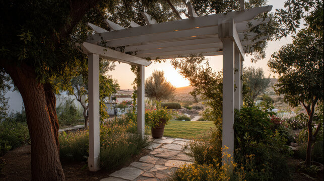 Pergola garden sunset pathway tree landscape white wooden pergola beside garden pathway sunset, calm landscape tree shade
