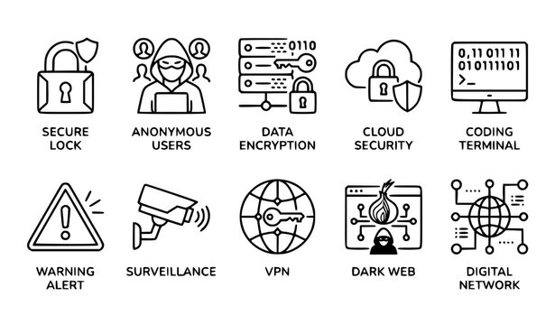 Modern Cybersecurity Thin Line Icons with Dark Web Privacy and Network Vector Symbols