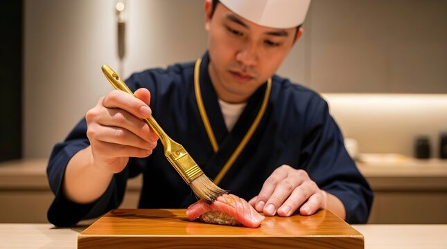 Professional sushi chef meticulously brushes otoro nigiri with a fine golden brush