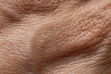 Naklejka premium Extreme close-up macro of human skin texture showing aging lines and wrinkles,Macro,A detailed macro shot of human skin, highlighting the natural texture, pores, and intricate patterns of wrinkles,