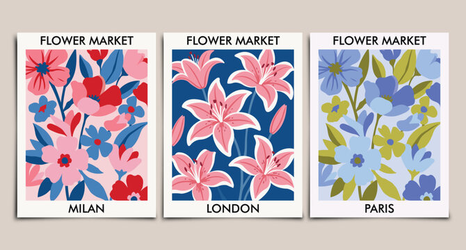 Flower Market Set of Posters with Abstract Groovy Funky Botanical Flat Hippie Retro Vintage Floral Cut Out Hand Drawn Doodle Contemporary 1970s Interior Wallpaper Cover and Naive Trendy Elements