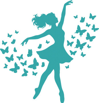 Graceful teal ballerina silhouette, elegant dancer with flowing hair, artistic ballet performance, delicate butterfly swarm, ethereal dance vector illustration isolated on White Background