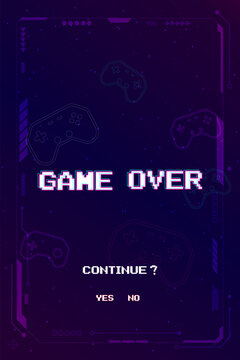 GAME OVER. CONTINUE or exiting the game's main menu. Modern trendy game background with lighting effect. for game assets in vector illustrations.