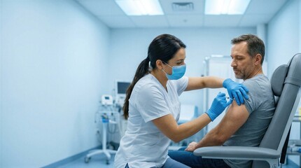 Obraz premium Woman doctor giving injection to man in clinic. Professional nurse performing vaccination. Healthcare worker administering vaccine dose to patient. Medical treatment and immunization support.
