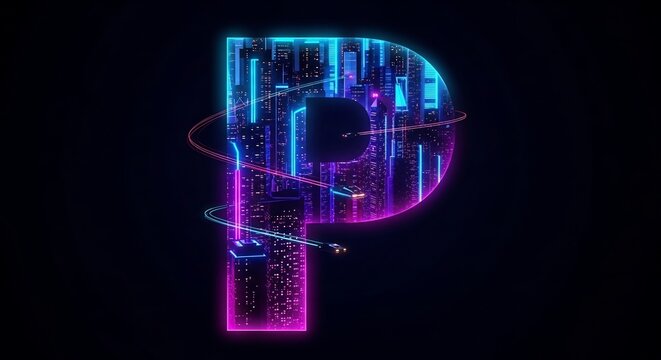 Futuristic Neon Letter P with Digital Circuitry and Swirling Energy.
