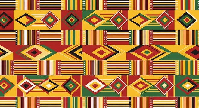 Vibrant Kente Cloth Pattern with Geometric Shapes and Stripes.