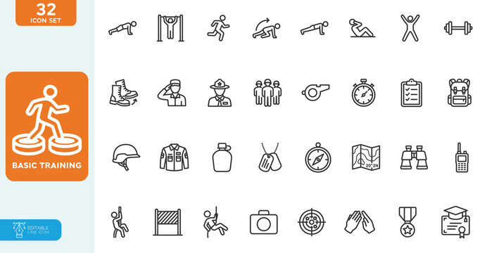 Basic Training Vector illustration Line Editable Icons set. in modern thin style of job related icons: training, skills, development, and more. Isolated on white background.