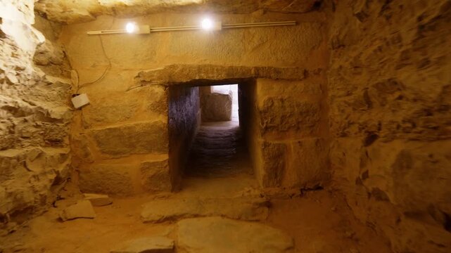 Narrow underground rock-cut passage with warm golden spotlights leading to burial chamber inside Mastaba of Ti at Saqqara necropolis, Egypt, rough limestone walls and low ceiling.