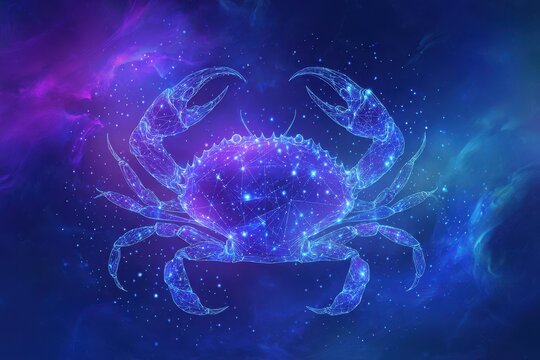 Abstract night sky illustration of the Cancer zodiac sign represented by a glowing crab formed by stars