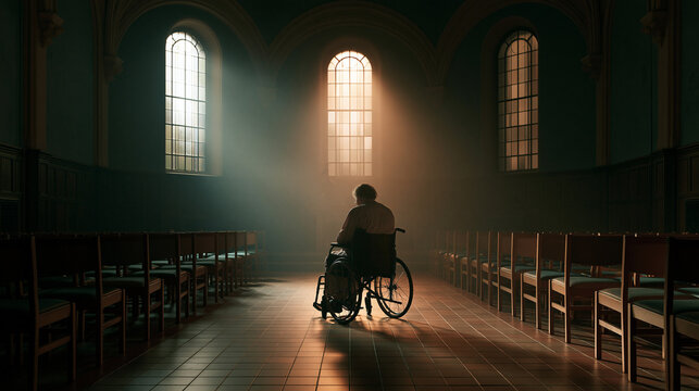 Peaceful Church Interior with Wheelchair Silhouette: Spiritual Reflection in Quiet Solitude and Serenity