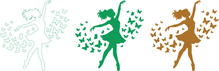 Graceful ballerina silhouette vector set, dancing woman with flowing butterflies, elegant dancer graphic resource for creative projects isolated on White Background © Ambreen
