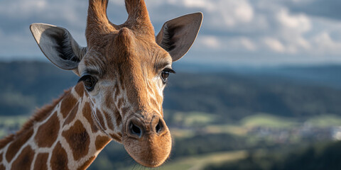 Curious Giraffe Head Looking at Camera with Mountain Valley Background © Ily