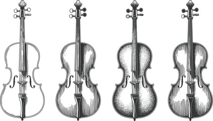 Fototapeta premium Vintage Hand Drawn Classical String Instruments Set Featuring Violin Viola Cello and Double Bass Illustrations for Orchestra Concert Music Festival and Retro Graphic Designs