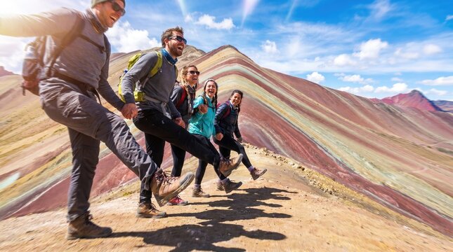 Group of hikers enjoying the vibrant colors of Rainbow Mountain, Peru