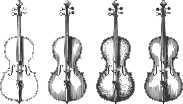 Vintage Hand Drawn Classical String Instruments Set Featuring Violin Viola Cello and Double Bass Illustrations for Orchestra Concert Music Festival and Retro Graphic Designs