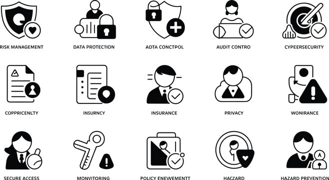 Corporate Risk Management and Business Insurance Icon Set with Data Protection Cybersecurity Hazard Prevention Compliance Policy and Financial Security Concepts