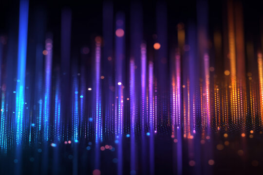 Vibrant abstract digital background with glowing neon lines and dynamic light particles in purple, blue, and orange hues. Futuristic technology concept with energetic visual effects