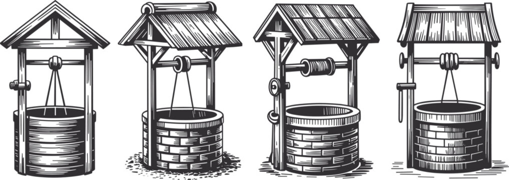 Vintage Hand Drawn Stone Water Well Icon Set with Wooden Roof Pulley and Crank Handle System for Retro Farm Countryside and Village Graphic Design