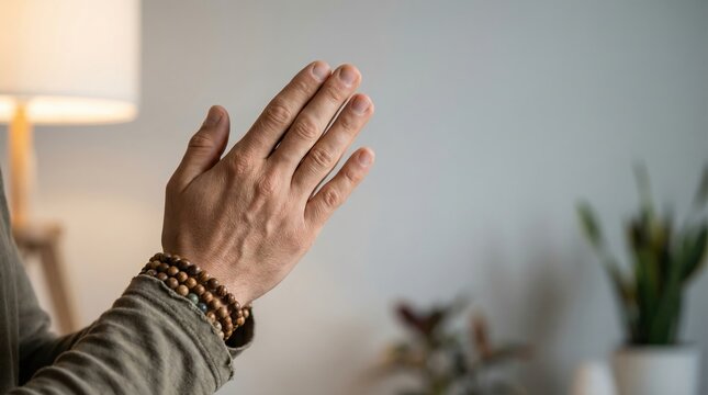 Close up of a man's hands in a prayer position wearing wooden bead bracelets for meditation and mindfulness.