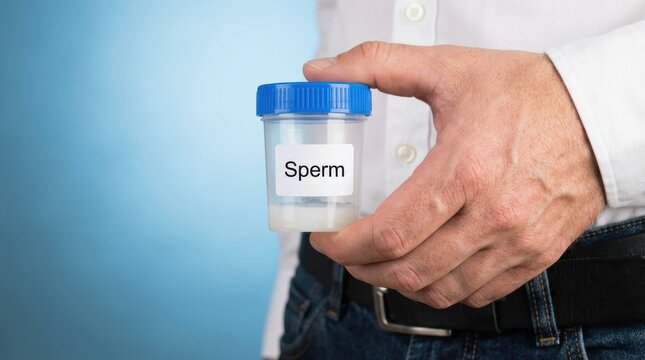 Close up of a man holding a sperm specimen container for fertility testing and medical analysis in a clinic.