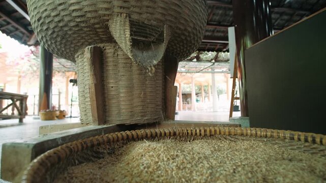 Traditional vietnam rice mill separating grain from husk using a manual bamboo threshing machine for processing