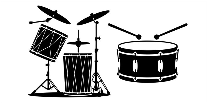 Black silhouette snare drum and drummer musician illustration set with drumsticks isolated on light background for music, marching band, percussion and performance concepts