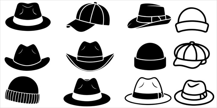 Set of black fedora hat silhouettes with stylish vintage and modern headwear variations isolated on light background for fashion, accessory and gentleman style concepts