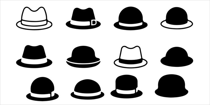 Set of black fedora hat silhouettes with stylish vintage and modern headwear variations isolated on light background for fashion, accessory and gentleman style concepts