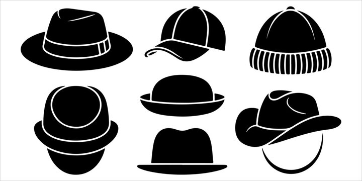 Set of black fedora hat silhouettes with stylish vintage and modern headwear variations isolated on light background for fashion, accessory and gentleman style concepts
