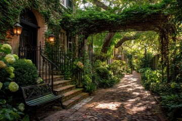 Fototapeta premium Charleston Southern Garden in Morning Light: Magnolia Trees, Brick Path, and Wrought Iron Gate