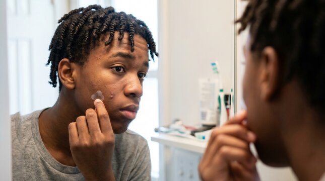 Black teenager with natural hair applying clear pimple patch on cheek in mirror