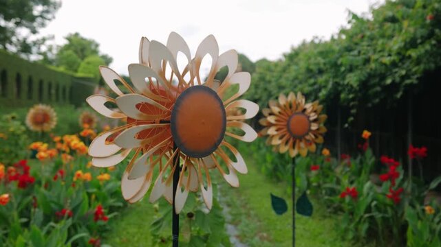 Decorative metal wind spinner turning in a colorful garden with green foliage
