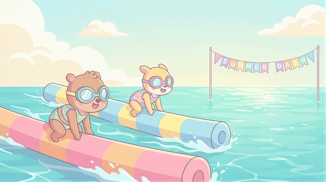 Two cartoon bears compete in a water race on colorful pool noodles at the ocean. Cute animal characters wearing swim goggles enjoying active summer vacation. Fun summer vibe holiday sport.