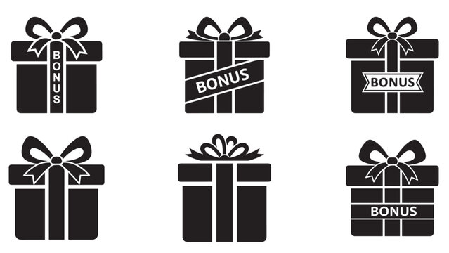 Decorative gift box icon variations with ribbon bows and bonus labels, isolated dark silhouette collection for festive promotions