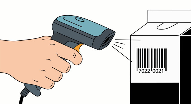 Hand holding scanner reading barcode on carton