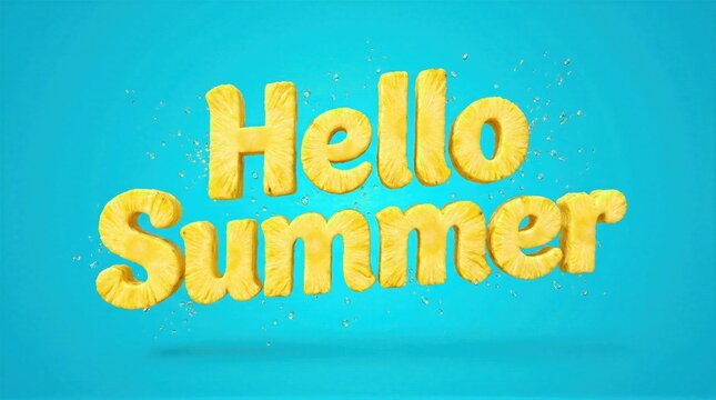 Hello Summer text made of pineapple slices. Decorative summer season typography with water splashes on blue background. Tropical fruit graphic design for creative holiday advertisement.