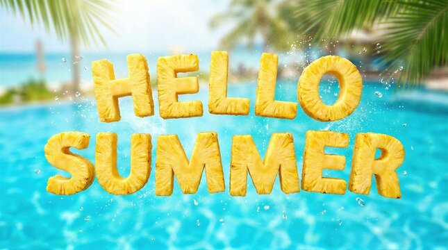 Pineapple text spelling hello summer floating above blue swimming pool water. Refreshing tropical fruit typography with water splash. Vacation mood and sunny summer holiday concept.