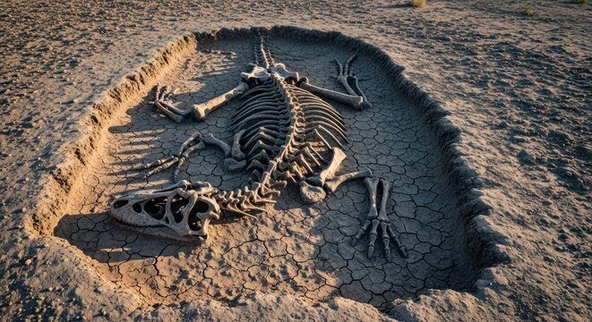 Excavated Dinosaur Skeleton Fossil Unearthed in Sandy Desert Ground.