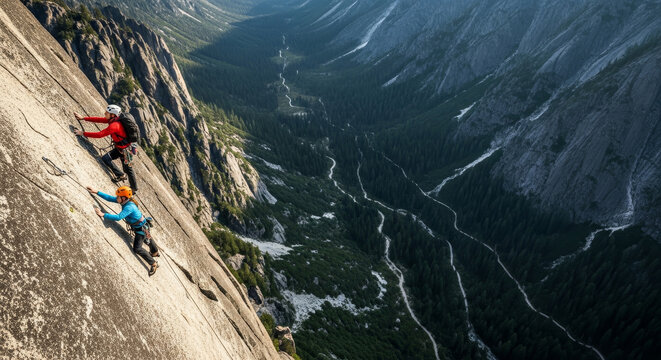 Rock climbers ascend a sheer granite mountain face, overlooking a vast forested valley below